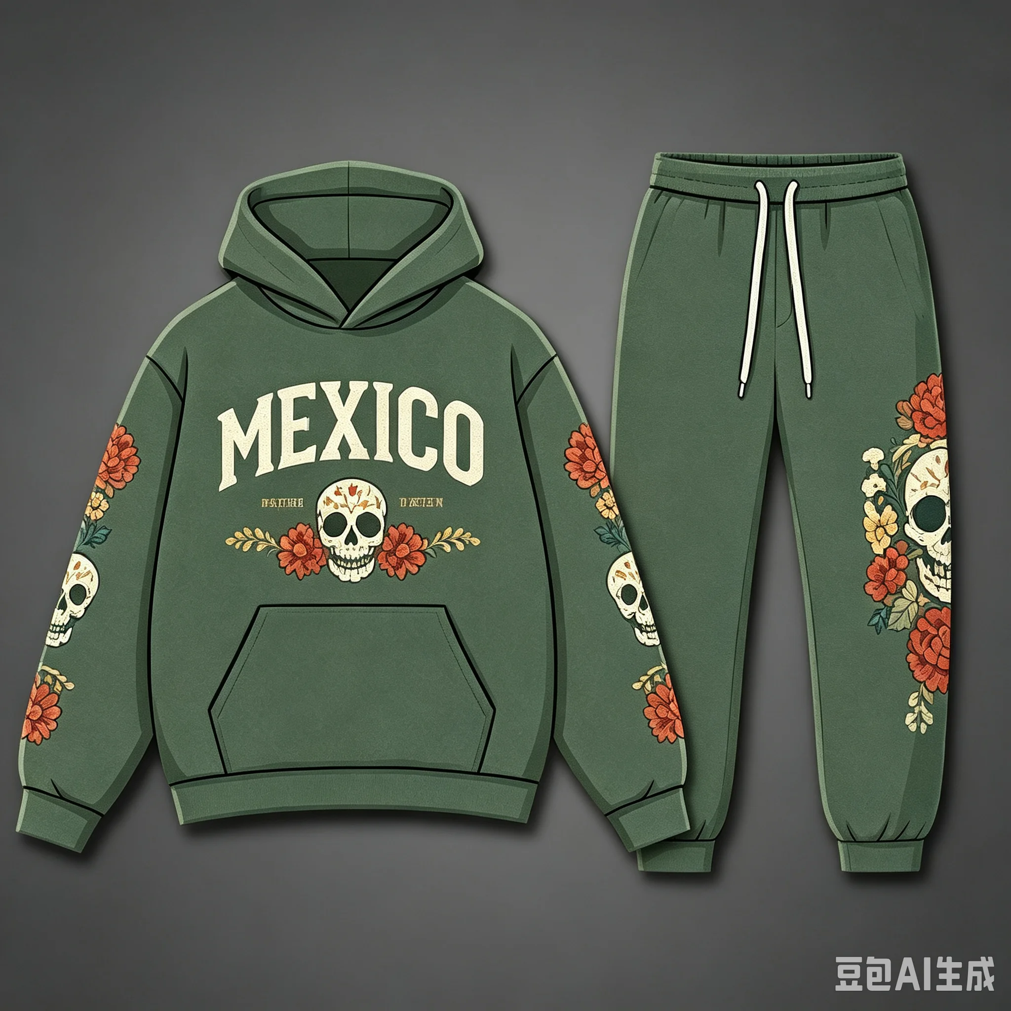MEXICO DAY OF THE DEAD HOODIE & JOGGER SET (DARK GREEN) – FEATURING SKULL AND FLORAL PRINTS SUITABLE FOR AUTUMN/WINTER FANILY