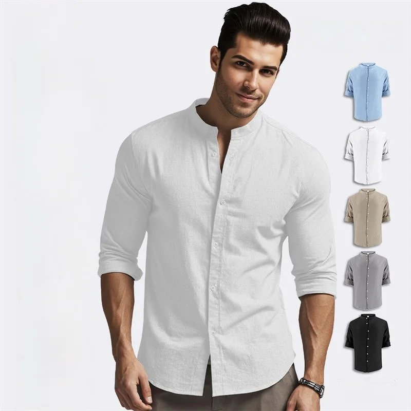 

Men's Cotton Linen Long Sve Casual irt Henry Collar Breathable Stand Fit Flat Iron Treaent PU Leather Velvet Fabric