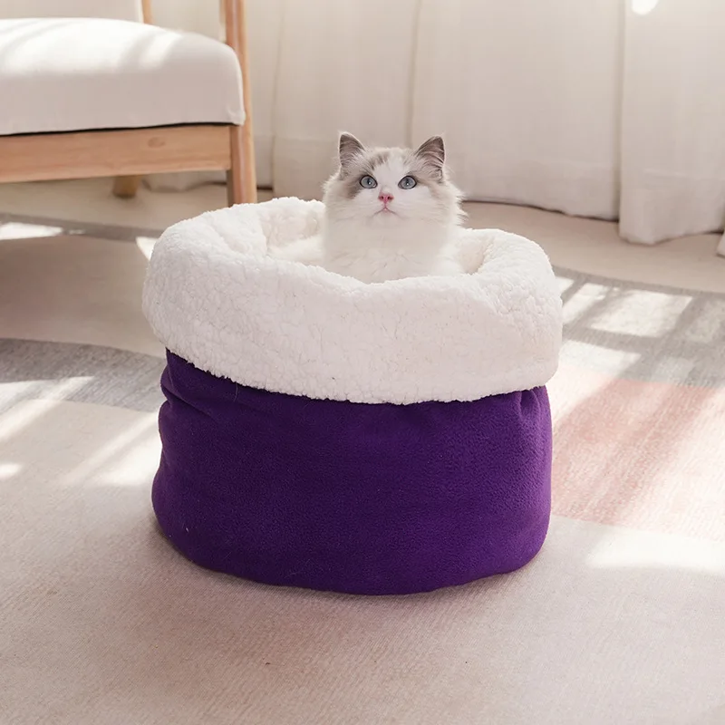 Winter Warm Bed for Cats Comfortable Thick Fleece Semi-enclosed Sleeping Bag Soft Grey House Blue Sofa for Kittens in Autumn