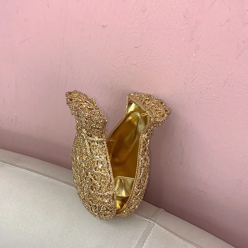Women Luxury Full Rhinestone Bucket Evening Clutch Bag Gold Crystal Chain Handbag Wedding Banquet Cocktail Party Prom Purse - view 5
