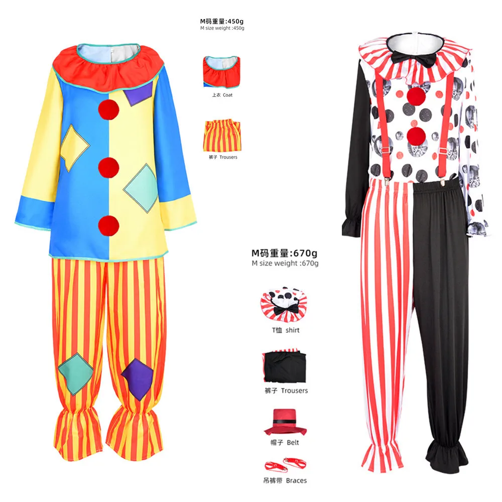 Volwassen Mannen Vrouwen Kinderen Circus Clown Grappige Joker Cosplay Kostuum Outfit Met Hoed Voor Podium Performance Halloween Carnaval Feest