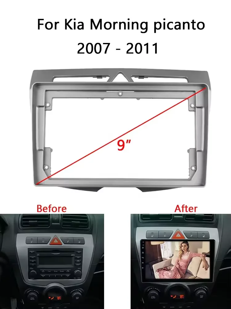 9 Inch Car Fascia For KIA Morning Picanto 2007 2008 2009 2010 2011 Video Panel Player Audio Dash 2 Din Frame Dashboard Mount Kit