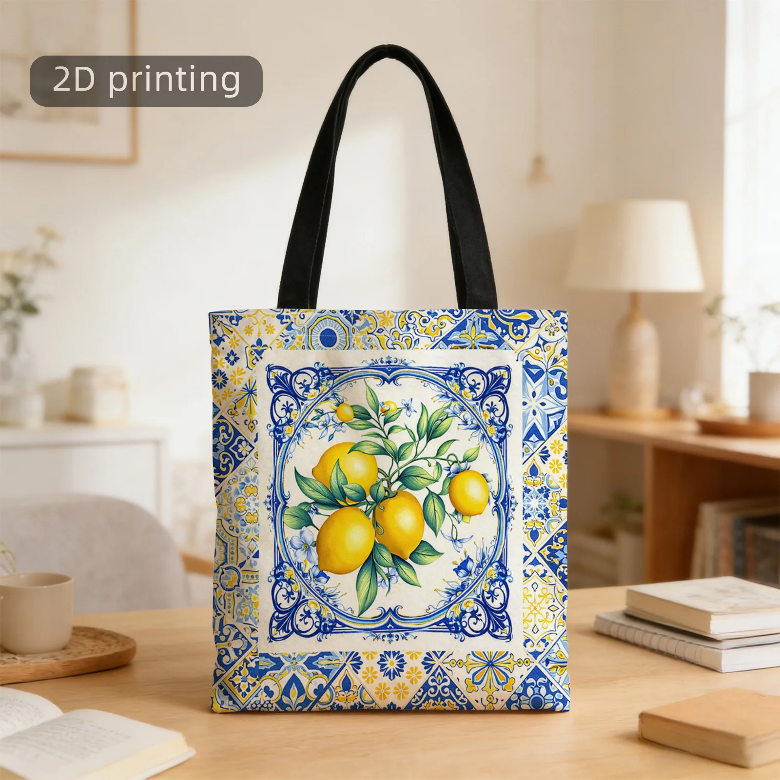Tote Bag Ceramic Tile Lemons Reusable Stylish Shouldershopping Bags Suitable for Office Holidays Daily Commuting and Travel