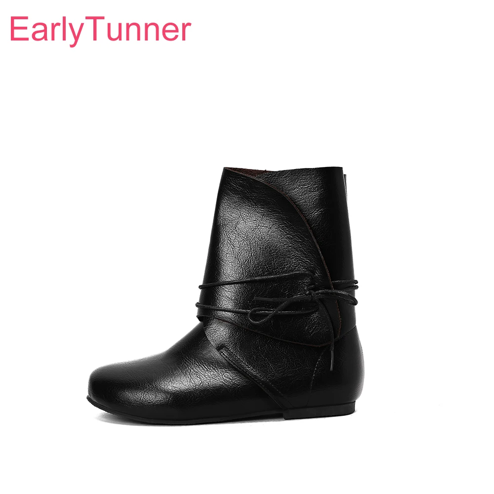 

2025 Новые осенние милые черные желтые женские ботинки до середины икры с круглым носком на плоском каблуке, женская повседневная обувь плюс большой размер 11 43 46 48