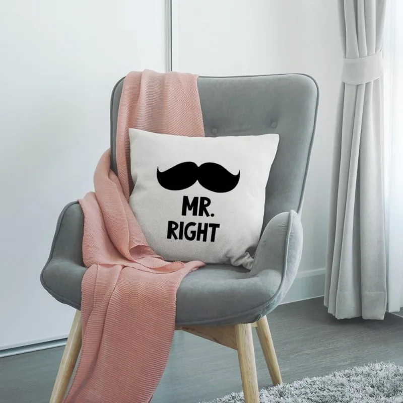 Funny 'Mr. Right' Mustache Linen Pillow Cover, Stylish Decorative Cushion for Home Décor and Unique Gift Idea