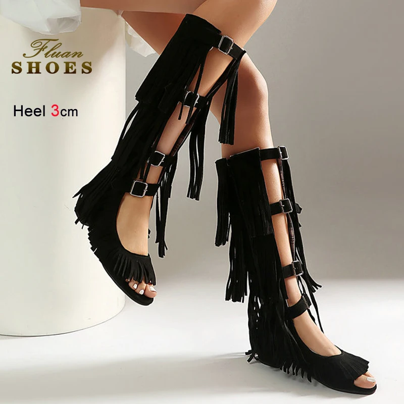 

Summer Black Fringed Women's Cool Boots Thick Heels 3cm Knee High Boots Belt Buckle Strap Back Zipper Open Toe Ladies Boots CD