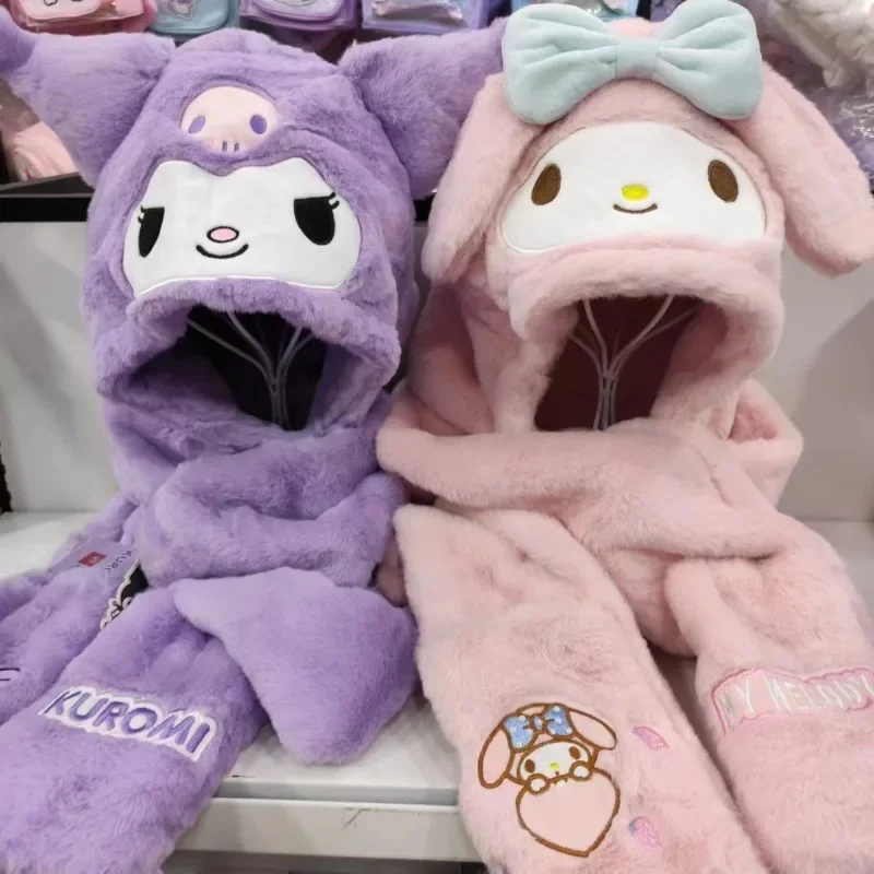 

New cute Sanrio Kuromi My melody anime peripheral cartoon kawaii winter thickened velvet hat scarf gloves three-in-one hat