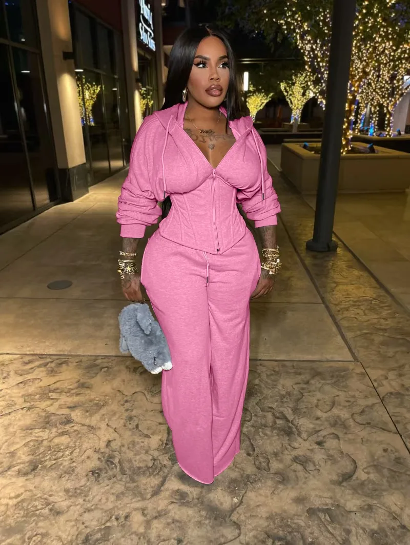 KEXU أزياء المرأة عودة الدانتيل متابعة مقنعين أعلى والسراويل الطويلة مجموعات الخريف عارضة الشارع قطعتين مجموعة