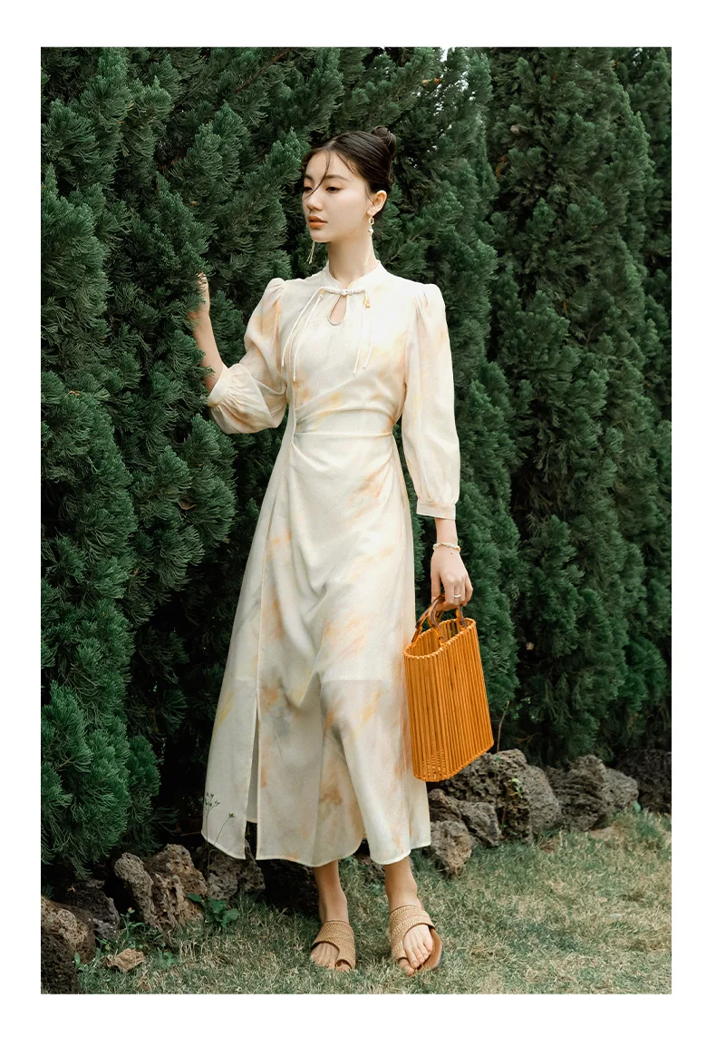 OLrain Autunno Dress Ladies 2025 Stile francese Elegante stampa Abiti lunghi Hollow Lace-Up Abito con spacco in vita Donna O24XL90335