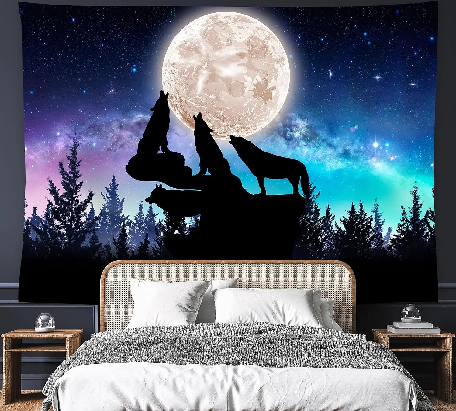 Moonlight Wolf Pack Tapestry Starry Night Sky Wall Hanging Party Decorations Home Decor for Bedroom Living Room Dorm