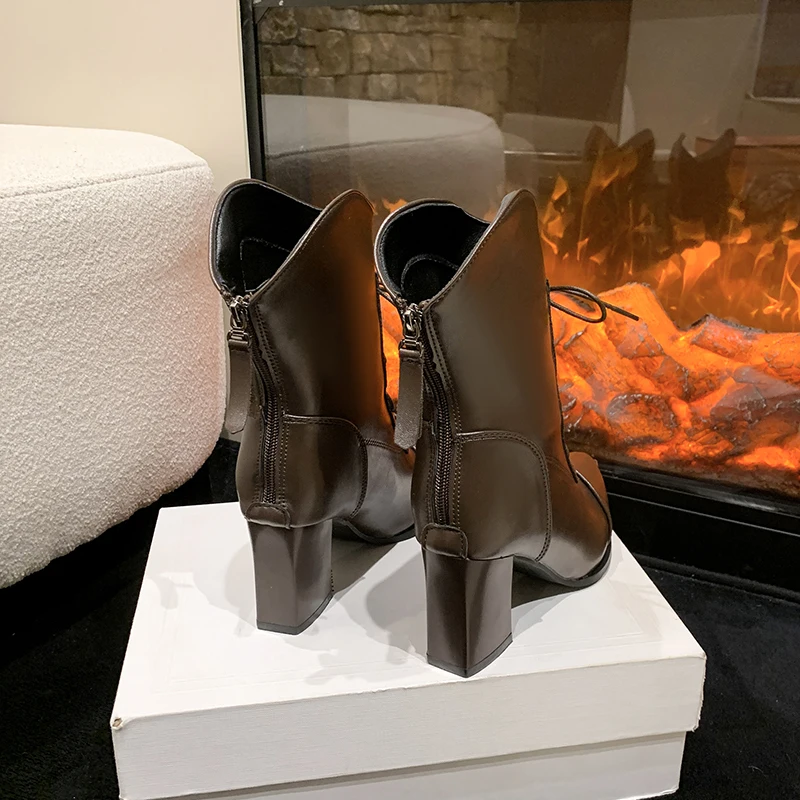 الخريف الشتاء النساء الأحذية موضة ساحة أحذية عالية الكعب أنيقة الدانتيل يصل الأبيض حذاء من الجلد الأسود مكتب الحفلات أحذية امرأة 34-43 #6