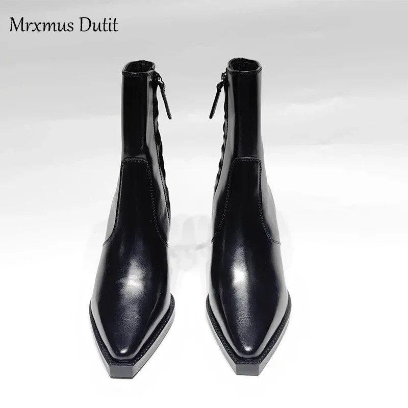 Zelxmus Dutit-Bottes en Cuir group pour Femme, Chaussures à Talon Rugueux, Tête Jolie tue, Simple, Chic, Nouvelle Collection Automne Hiver 2024