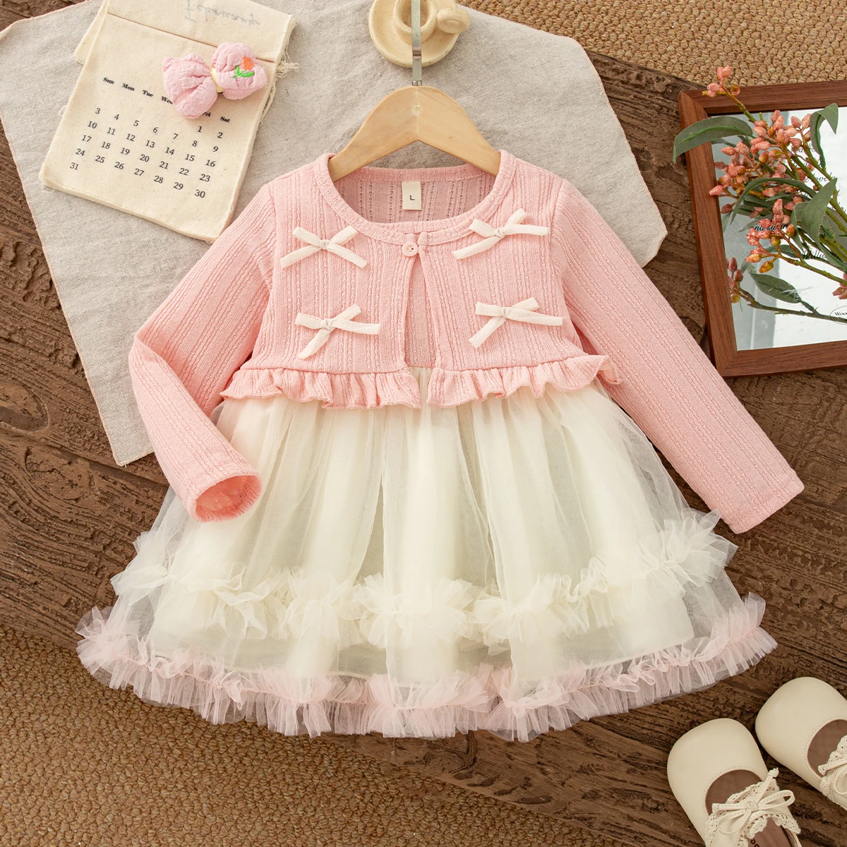 Spring Autumn Dress for Baby Girl Sweet Princess Style Bow Knit Long Sleeve Gauze Dress for Girls Wedding Party