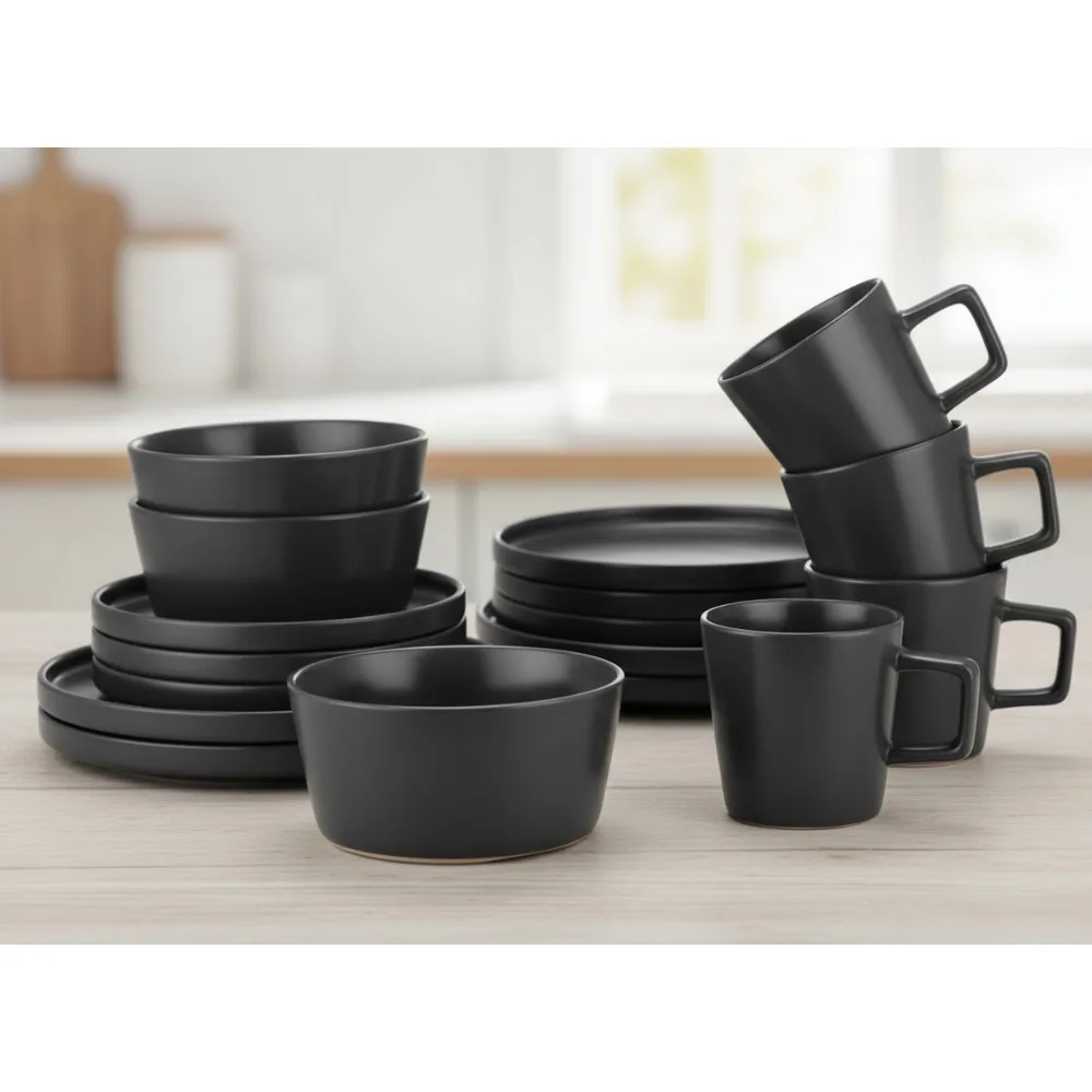 

Набор столовой посуды из черного матового керамогранита, 16 предметов, сервис на 4 человека, можно использовать в микроволновой печи и в посудомоечной машине — современный минималистичный стиль