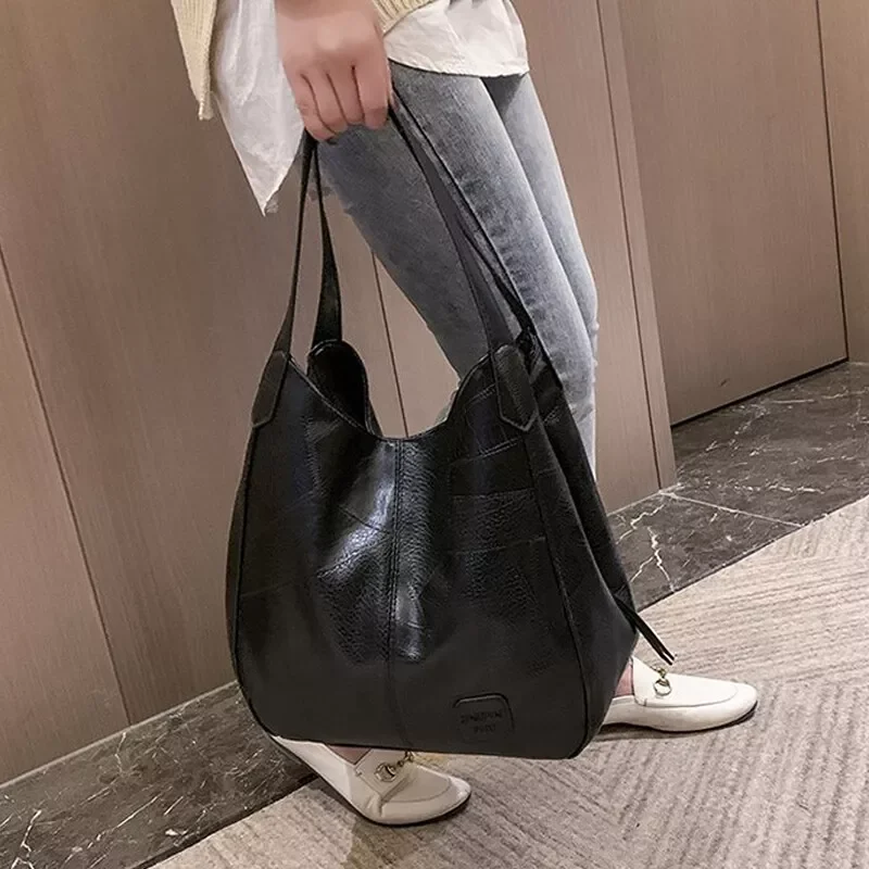 Women Vintage Soft Leather Shoulder Bag Large Capacity Ladies Handbag Three Layers Shopping Tote Bag Versatile Simple Hobos