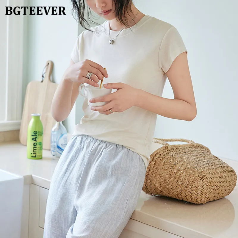 BGTEEVER Summer Silk Wool Short-Sleeved T-Shirt for Women Round Neck Design, Slim Fit Solid Colour Comfortable Tops