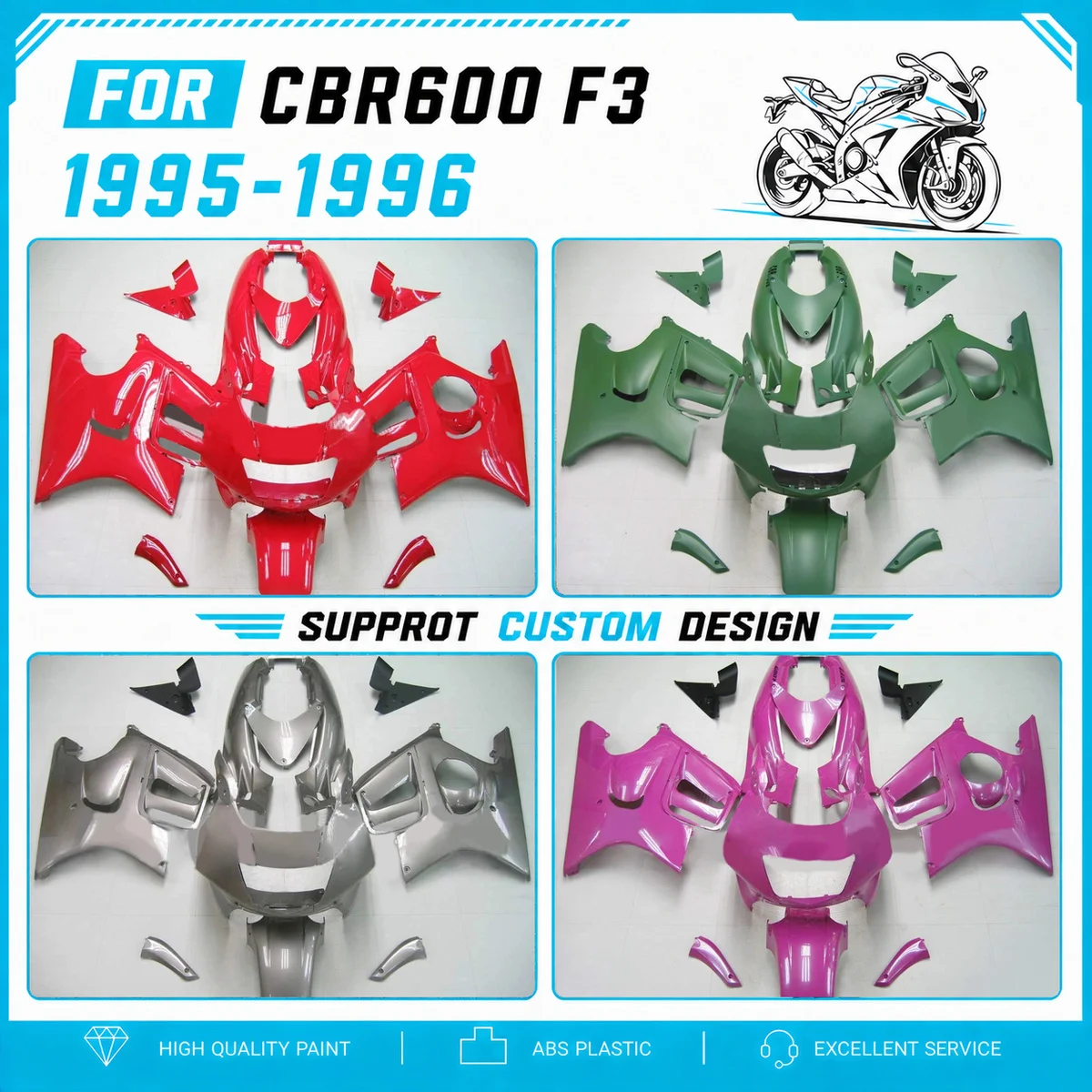 Aftermarket Replacement Fairings for 1995 1996 CBR600 F3 95 96 Pre-Drilled Holes Fairing Set Plastic Kit