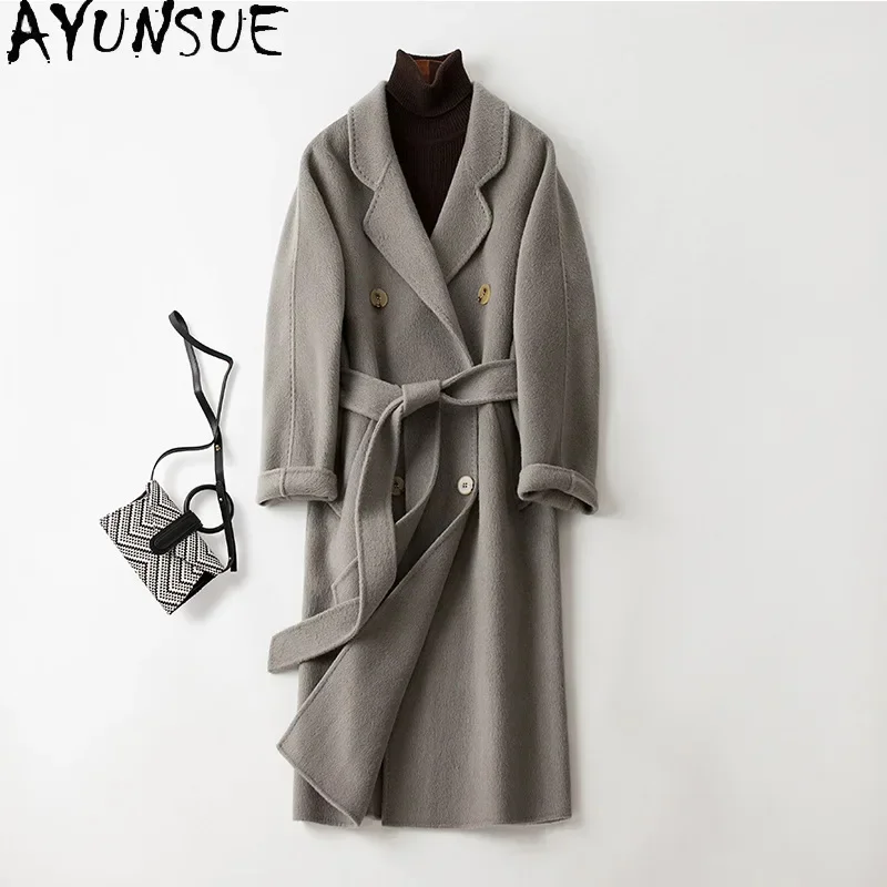 

10% AYUNSUE Alpaca 90% Wool Coats for Women 2024 Autumn Winter Slim Long Double-sided en Elegant Lace-up