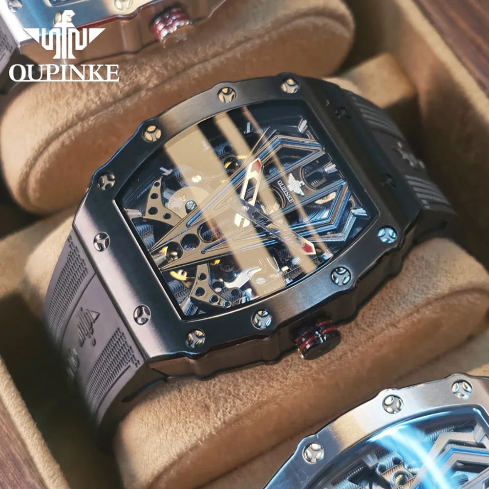 Q Oupinke brand 3179 wine barrel type tape luminous waterproof men's fully automatic mechanical watch