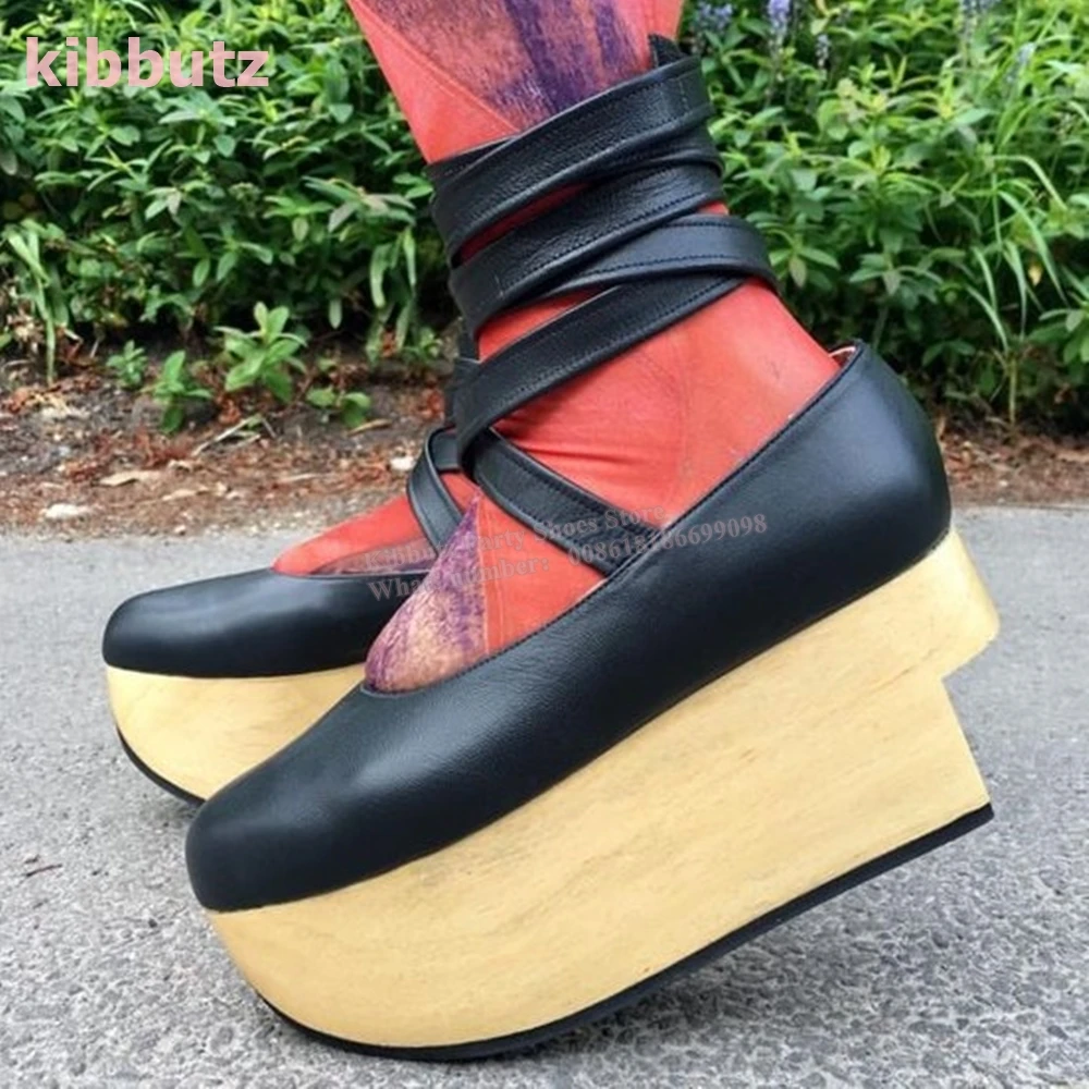 

Wooden Heel Platform Ballet Pumps Cross Strappy Pointed Toe High Increasing Genuine Leather Slip-On Fashion Elegant Sexy Shoes