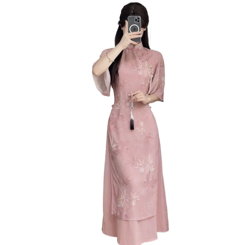 Новое розовое платье Ципао в китайском стиле 2025, винтажное Cheongsam для молодых восточных леди, вечернее платье, летнее повседневное платье