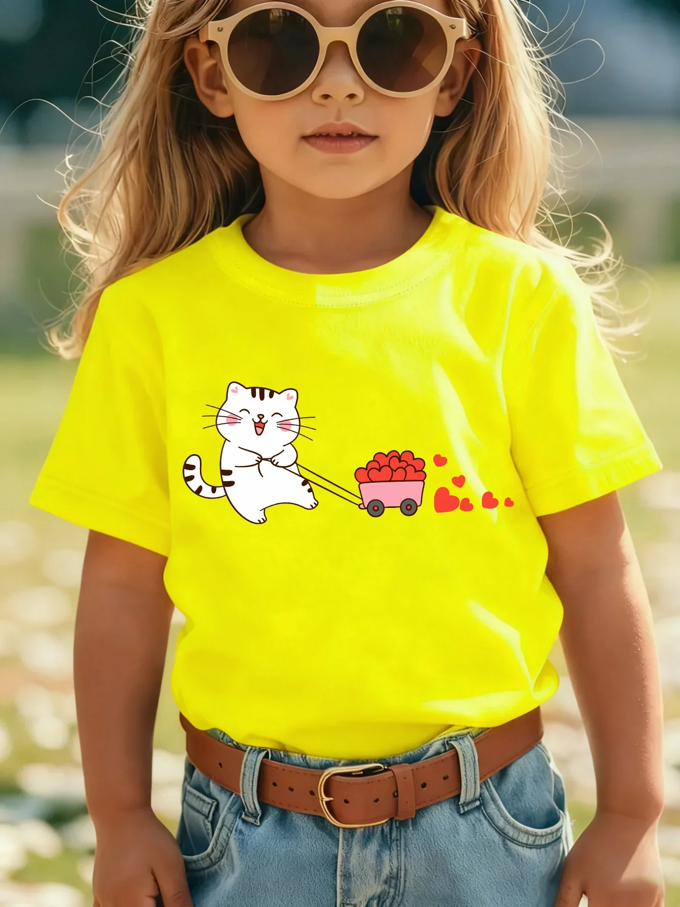 Girls Cartoon Cat Graphic Short Sleeve T Shirt Happy Kitten Drag Red Heart Wagon Lovely Design Toddler Valentine Casual Tee