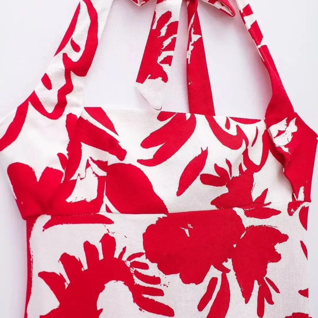 Women's Halter Neck Printed Dress Lace-up Backless Zip High Waist Sleeveless Holiday Style A-line Dress Summer New Chic Top