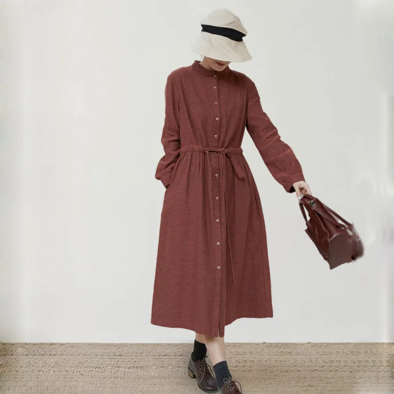 Maillard Autumn Cotton Linen Fried Color Long Sleeve Dress Women Vintage Single Breasted Drawstring Slim Temperament Long Skirt