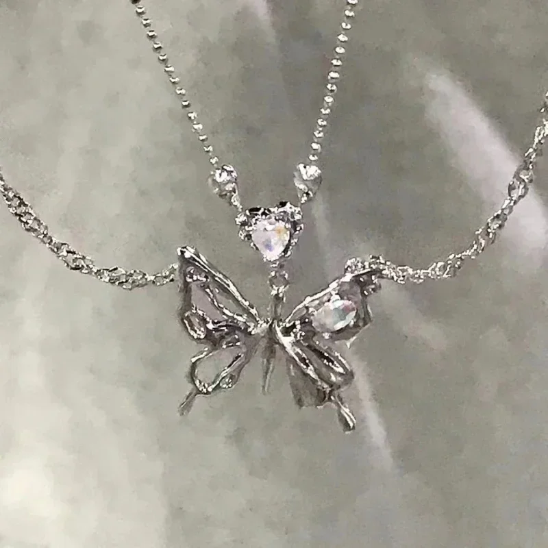 Y2K Crystal Butterfly Pendant Necklace Women Light Luxury Egirl Punk Heart Grunge Clavicle Chain Fashion Jewelry Party Gift 2023