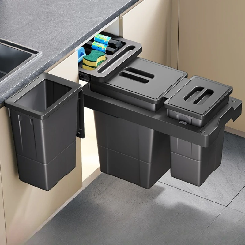 Embedded Cabinet Waste Bins Large Capacity Trash Can Kitchen Food Residue Hanging Wastebasket with Lid Household Cleaning Bin
