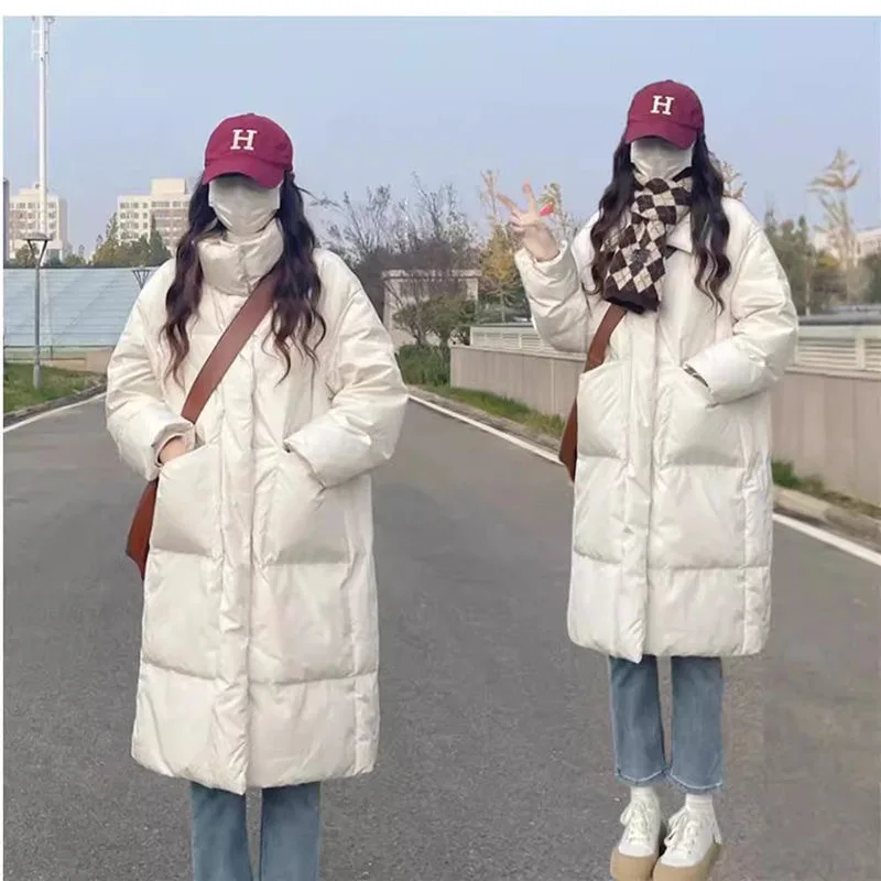 Harajuku Long Down Cotton-Padded Jacket Women Korean Version Stand Collar Big Pocket Coat Y2k Winter Comfortable Casual Trend