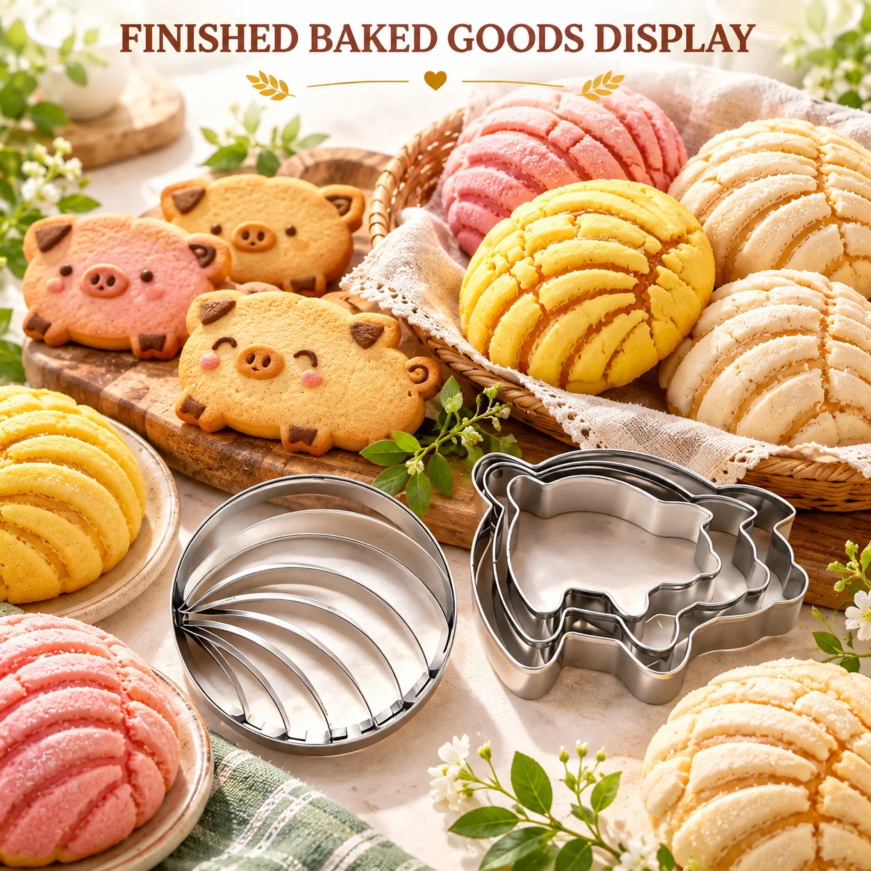 4PCS Mexican Bread Mold Set Food-Grade Stainless Steel Nonstick 3 Sizes Pig Concha Stamp for Cookie Pastry DIY Home Baking Tools