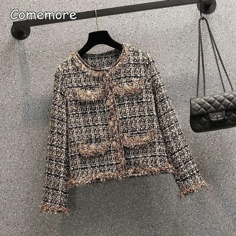 Comemore 2023 New Autumn Vintage Tweed Jacket Coat Women Patchwork Korean Cropped Coats Elegant Short Outerwear Winter Clothes