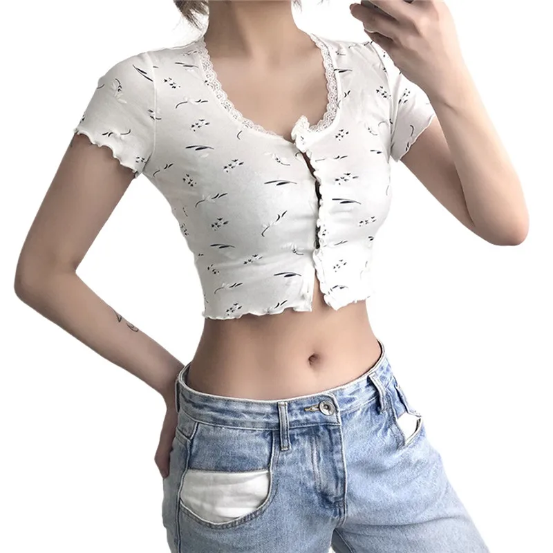 Women Summer Short-Sleeved T-Shirt Lace Collar Fashion Pearl Button Feather Print Slim Fit Crop T-shirt Tops