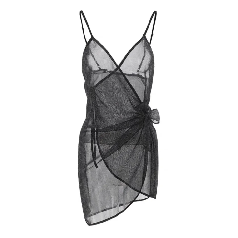 

Pajamas Transparent Shiny Silk Nightgown Sleeveless Pleated Lace Up Nightwear Women Lingerie Deep V Nightdress Gifts