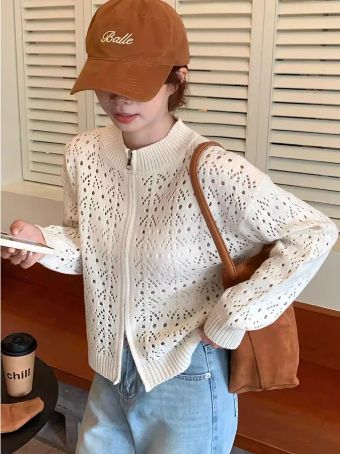 

Korean Style Hollow out Hook Flower Cardigan Women's Spring Autumn Thin Gentle Lazy Small Fragrance Style Top Stand Collar Sw...