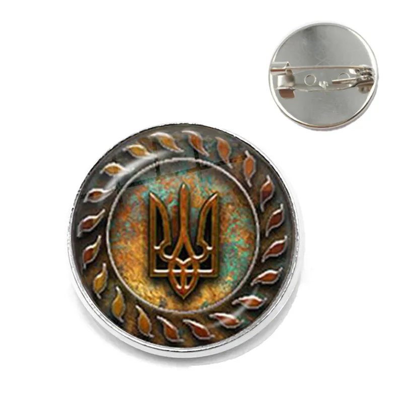 Tryzub Ukraine Badge Brooches Mysterious Retro Rune Glass Dome Cabochon Silver Bronze Plated Collar Lapel Pin Steampunk Brooch