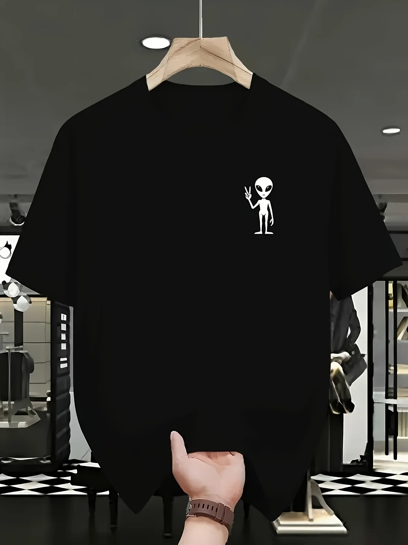 Men's Mesh Quick-Dry T-Shirt Alien Peace Sign Small Chest Print Short Sleeve Crew Neck Breathable Sports Summer Casual Top