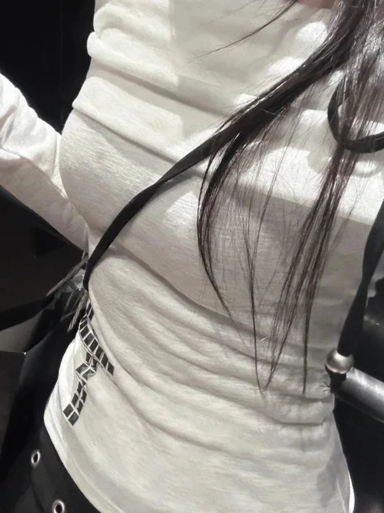 أوائل الخريف عارضة أزياء الصليب الأبيض الساخن الماس كتف واحد طويلة الأكمام فتاة حار ضيقة المرأة الصفصاف مسمار أعلى #2