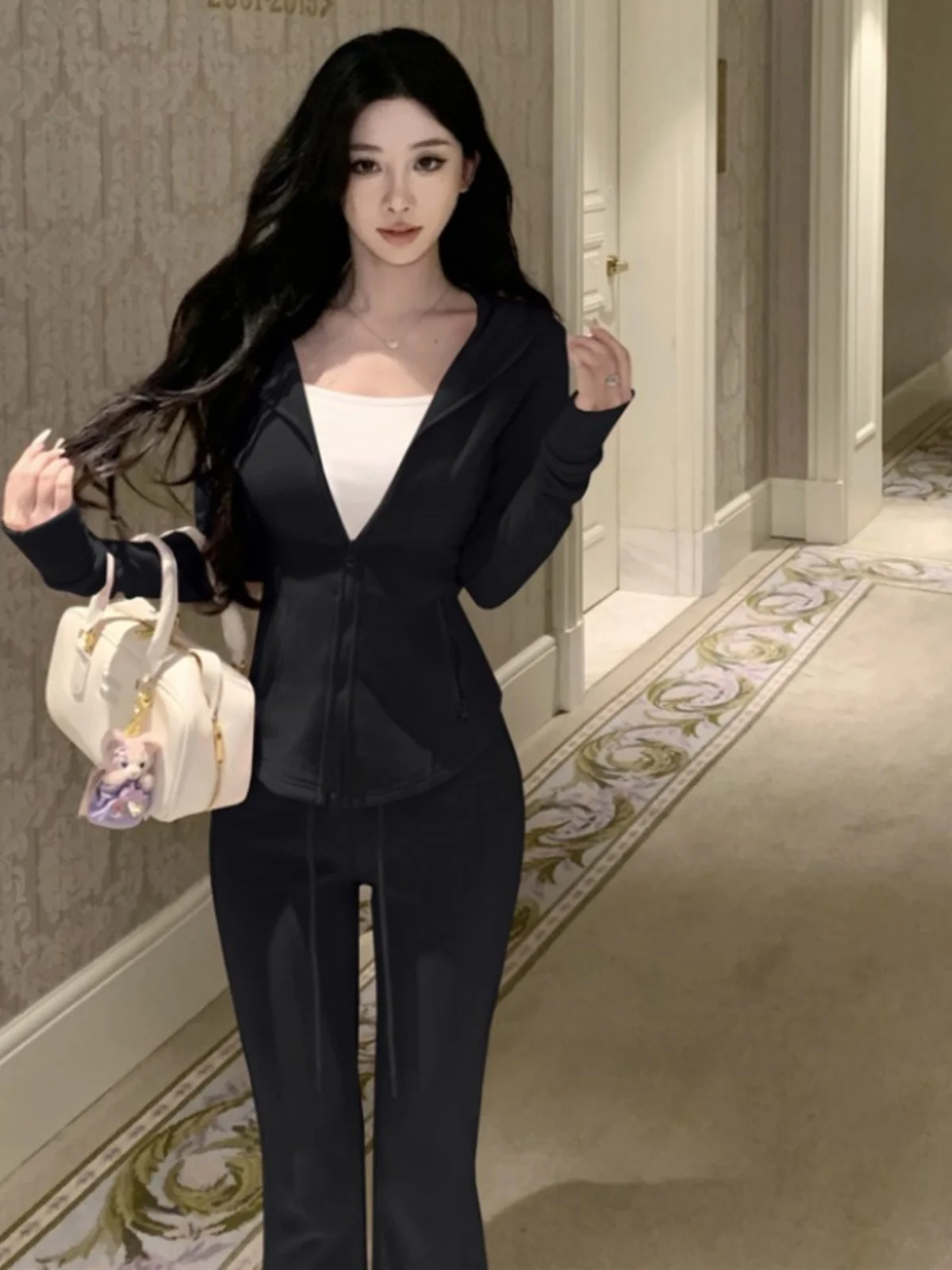 Ele Lady Sle ジッパー パーカー Jaet とフレア パンツ カジュアル スポーツ 2 点セット by Gege Home Faion 若い女性用