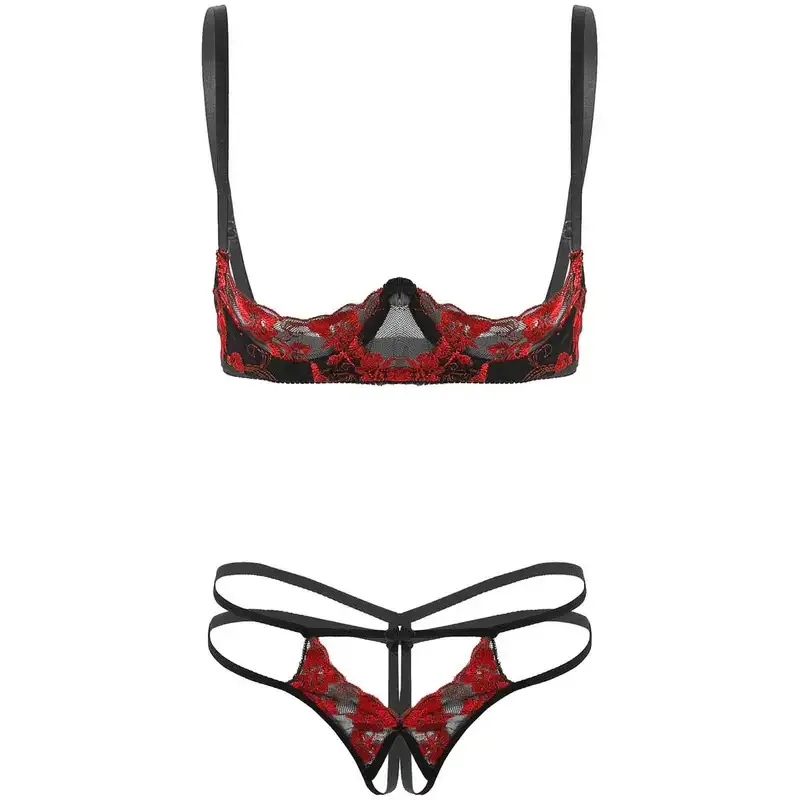 

WU01 iEFiEL Womens Femme Erotic Lace Lingerie Set Exposed Breasts Underwire Open Cup Bra Top with Crotchless Open Crotch SiJk5*！
