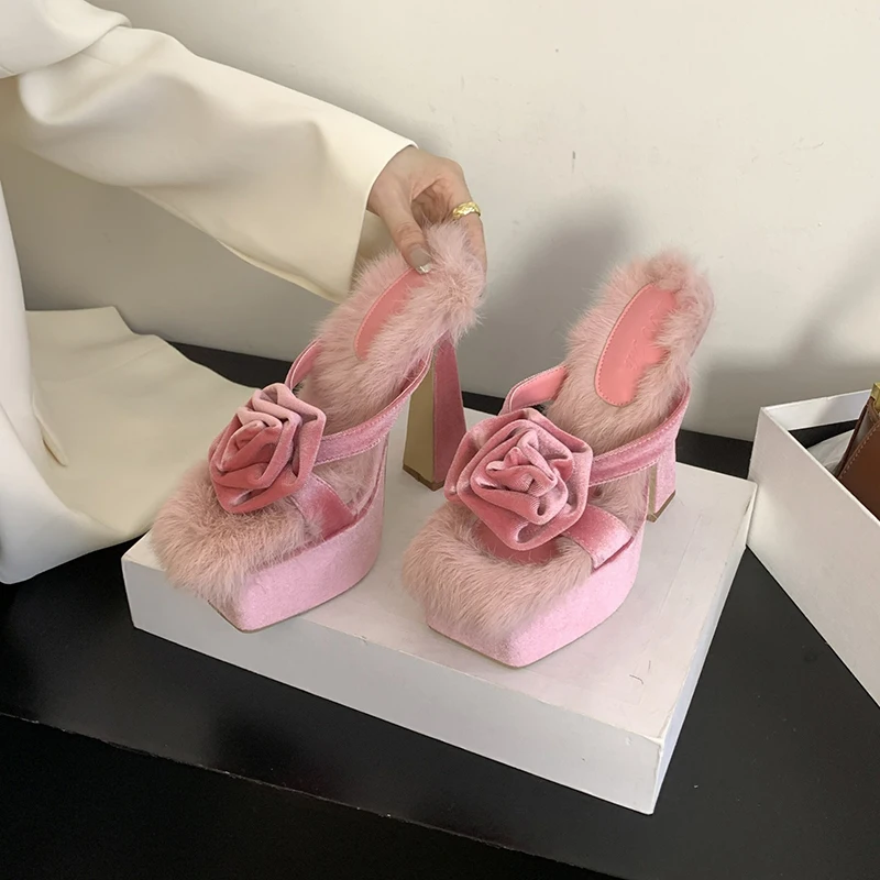 

Rose Rabbit Hair Platform Women's Slippers High Heels Autumn Slides Shoes For Women Stiletto Pink Suede Square Toe Women Sandals