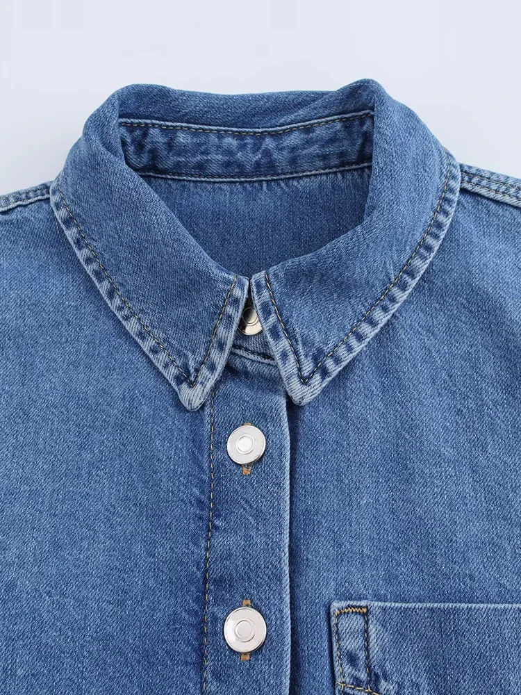 Willshela Women Fashion With Pocket Denim Solid Single Breasted Blouse Vintage Lapel Neck Long Sleeves Female Chic Lady Shirts