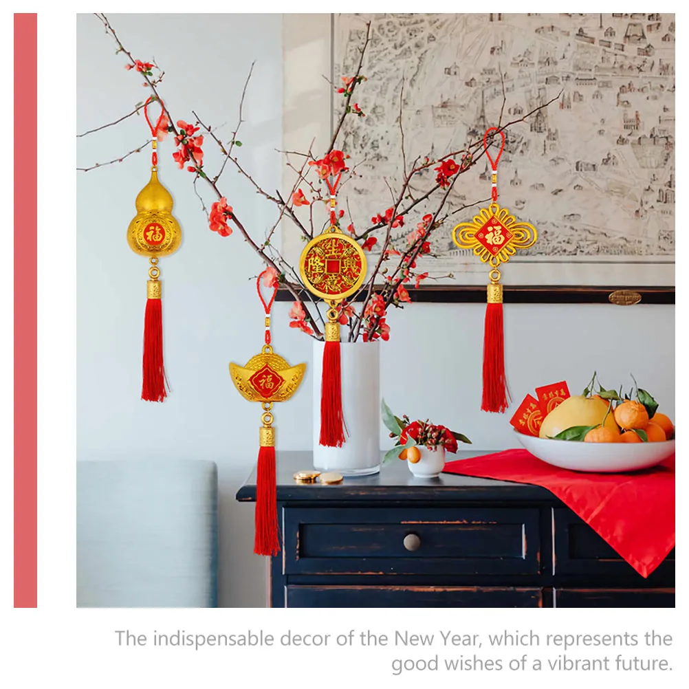 

4pcs New Year Pendant Chinese Style Golden Ingot Tassels Hanging Ornament Spring Festival Decor Festival Supplies Bonsai Hanging