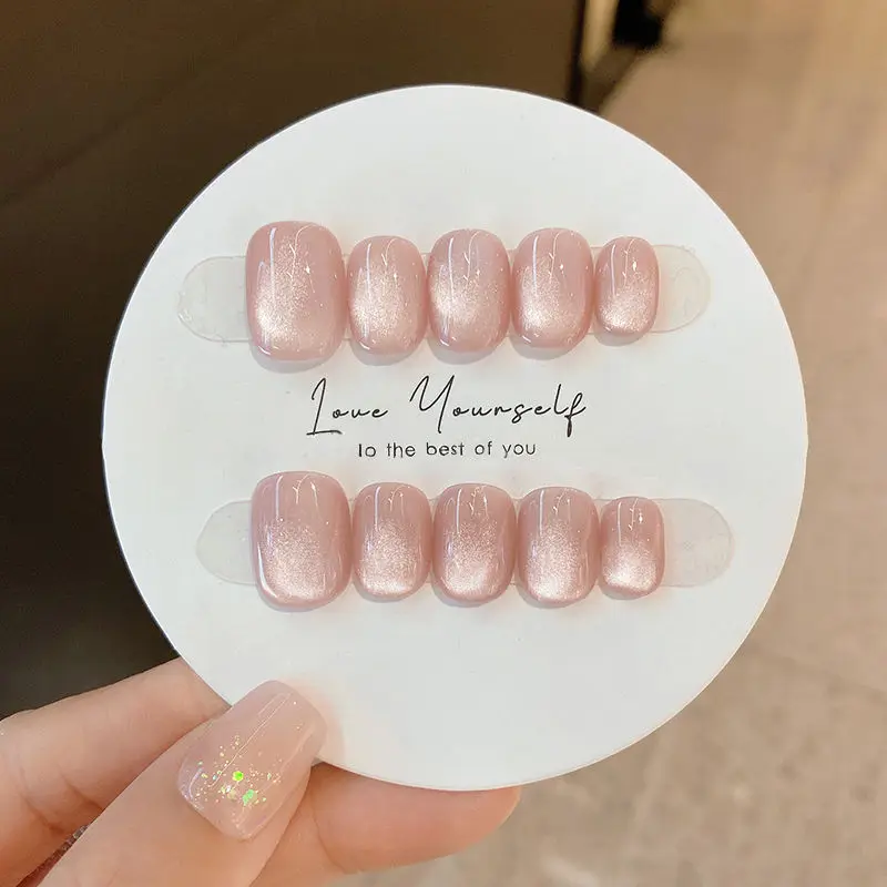 10Pcs Pink Cat Eye Handmade Short Round Press On Nails Full Cover Star Design Square False Nails Wearable Manicure Nail Tips Art