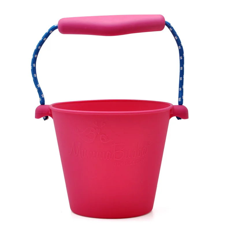 Kids Beach Bucket Silicone Folding Hand-Held Barrel Toy Baby Shower Bath Toy Sand Dabbling Pour Water Toy Rose Red