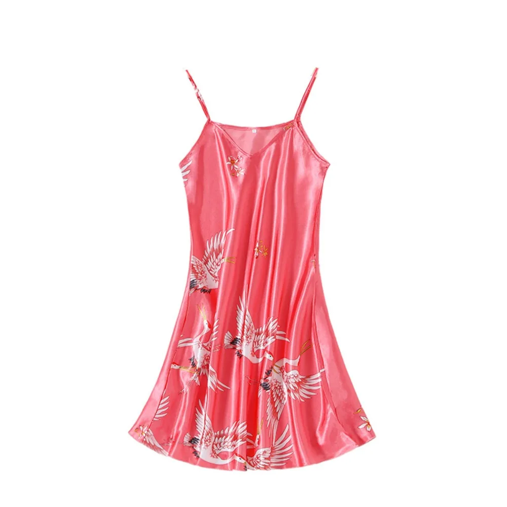 

Red-crowned Crane Women's Pajama Dress Chinese Style Homewear Ice Silk Suspender Nightdress Party Dress Sleeveless