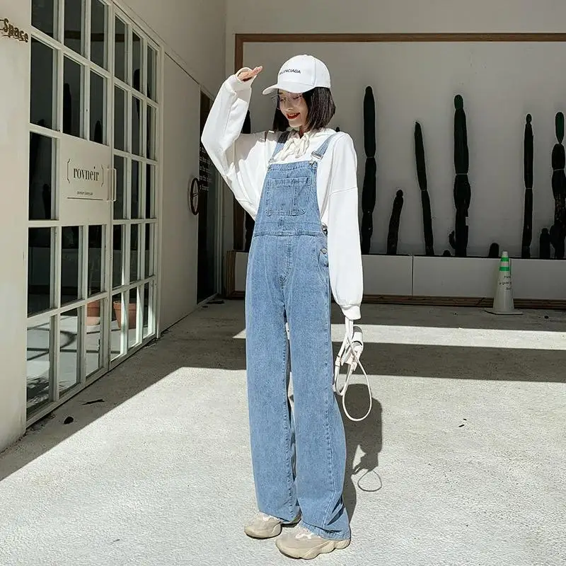 Adjustable Jean Bib Overalls Women One Pieces Jumpsuits Stretch Wide Leg Casual Loose Fit Denim Pants Pockets Combinaison Femme