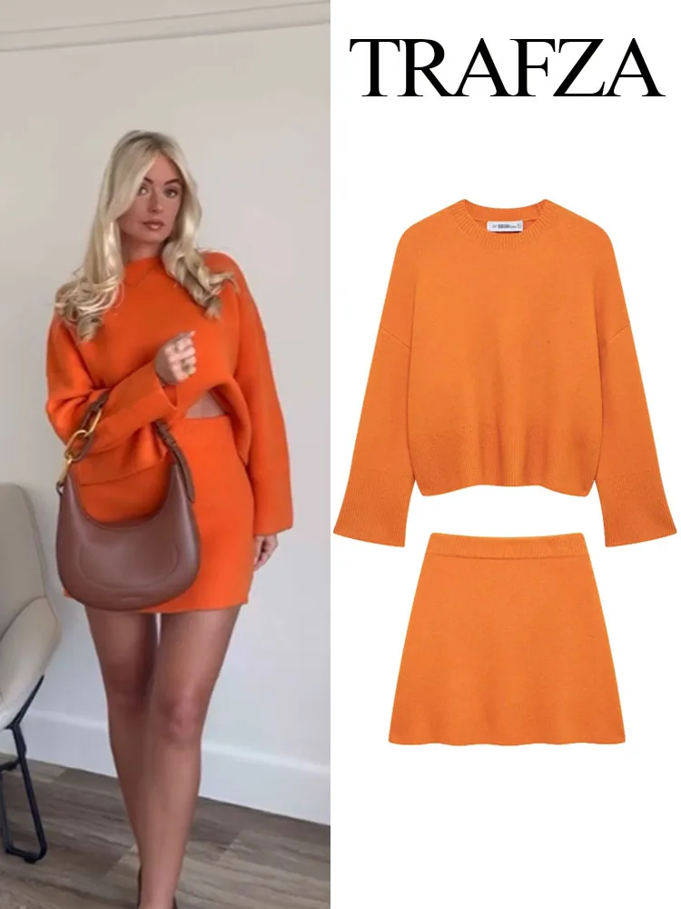 TRAFZA Spring Fashion Women Skirt Suits Orange O-Neck Long Sleeves Pullover+Elastic Waist Mini Skirts Female Casual Knitting Set