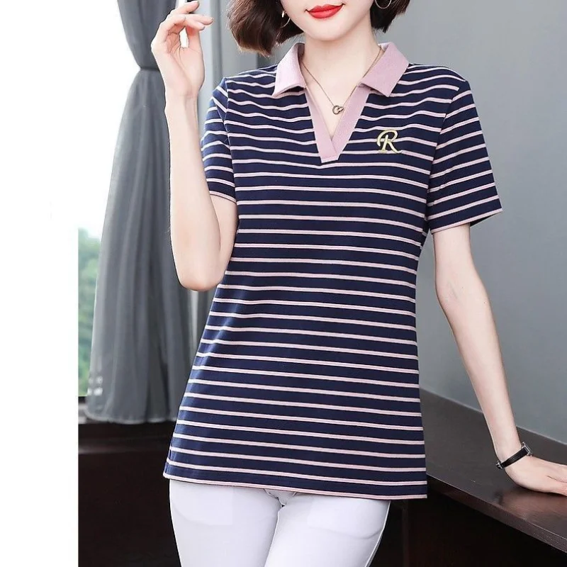 New Summer Women's Striped Polo Neck Short SleeveLoose Plus Size Thin Pullovers Embroidery Classic Fashion Casual Tops